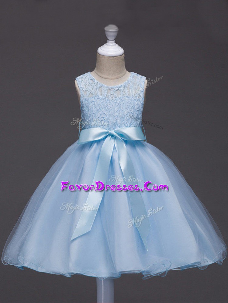 Custom Design Light Blue Ball Gowns Tulle Scoop Sleeveless Lace and Belt Knee Length Zipper Girls Pageant Dresses