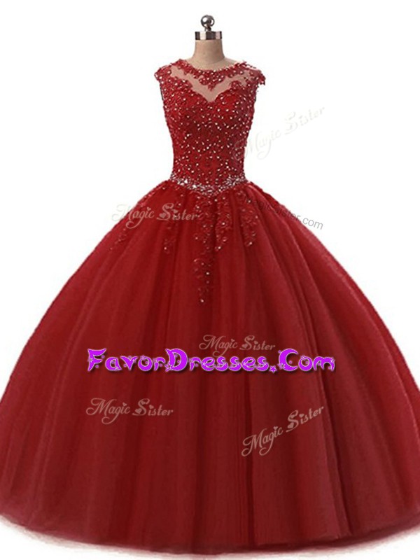 Fashionable Floor Length Burgundy Quinceanera Gowns Scoop Sleeveless Lace Up