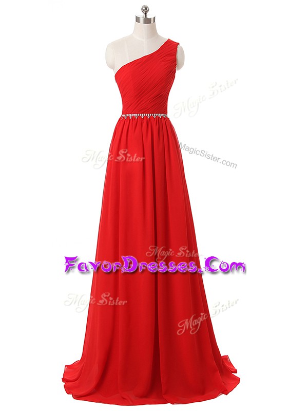 Spectacular Red Chiffon Side Zipper One Shoulder Sleeveless Floor Length Wedding Party Dress Beading and Ruching