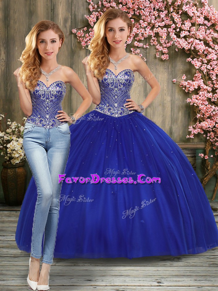  Sleeveless Tulle Floor Length Lace Up Quinceanera Dress in Royal Blue with Beading