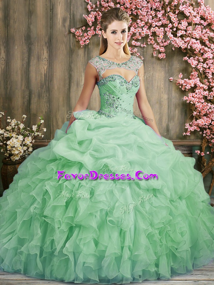 Customized Apple Green Organza Lace Up Quinceanera Gown Sleeveless Sweep Train Beading and Ruffles