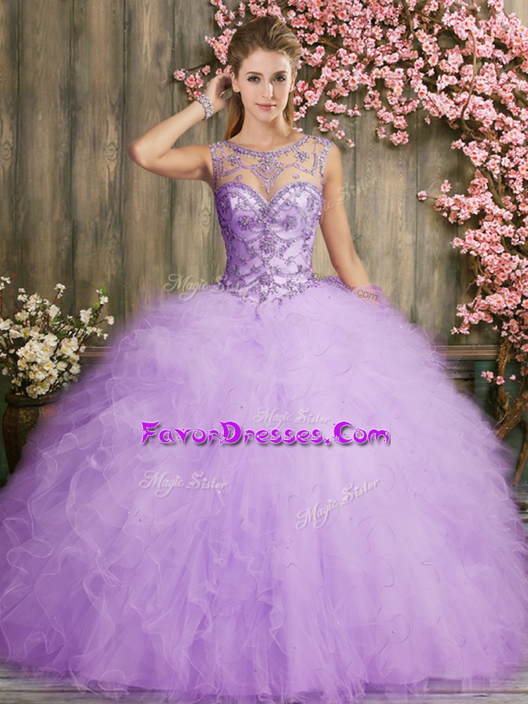 Custom Design Lavender Organza Lace Up Scoop Sleeveless Floor Length Quinceanera Dress Beading and Ruffles