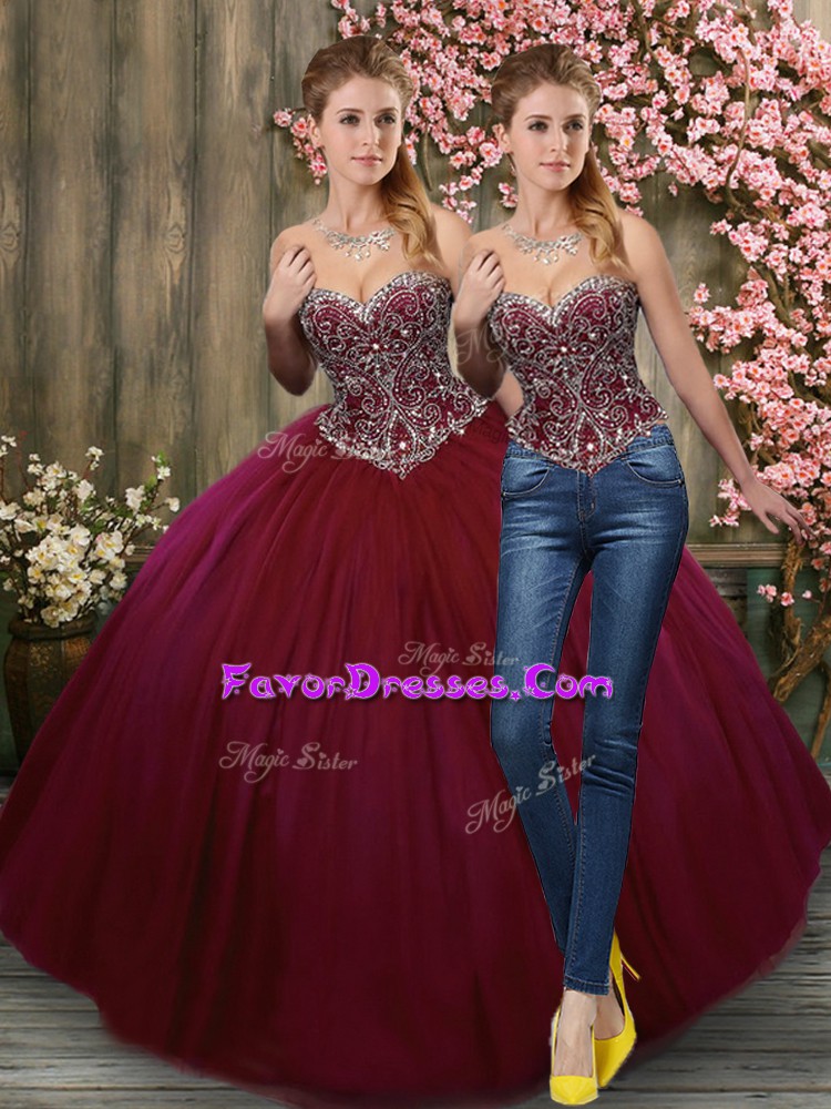 Burgundy Lace Up Sweetheart Beading Quince Ball Gowns Tulle Sleeveless