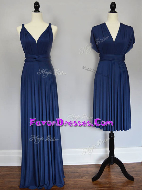  Navy Blue Sleeveless Ruching Floor Length Bridesmaid Dresses