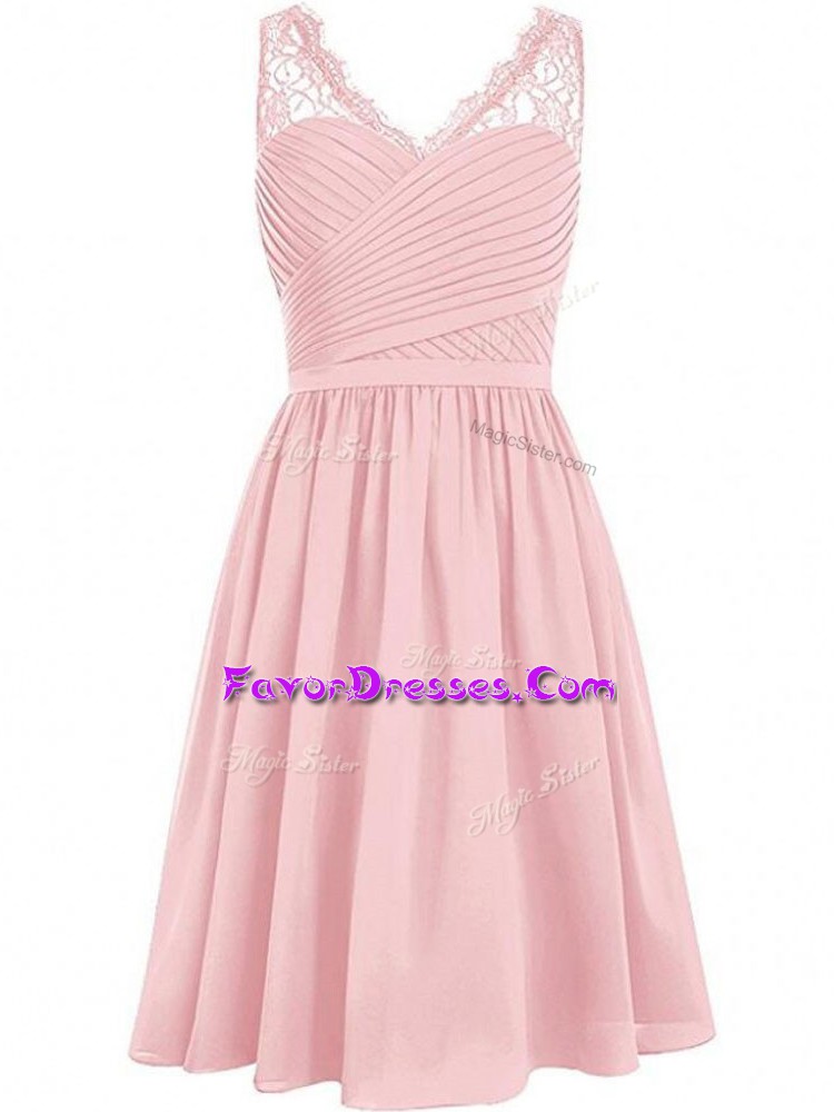  Pink V-neck Side Zipper Lace and Ruching Dama Dress Sleeveless