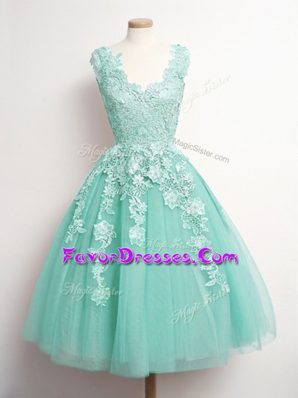  Aqua Blue A-line Tulle V-neck Sleeveless Appliques Knee Length Lace Up Court Dresses for Sweet 16