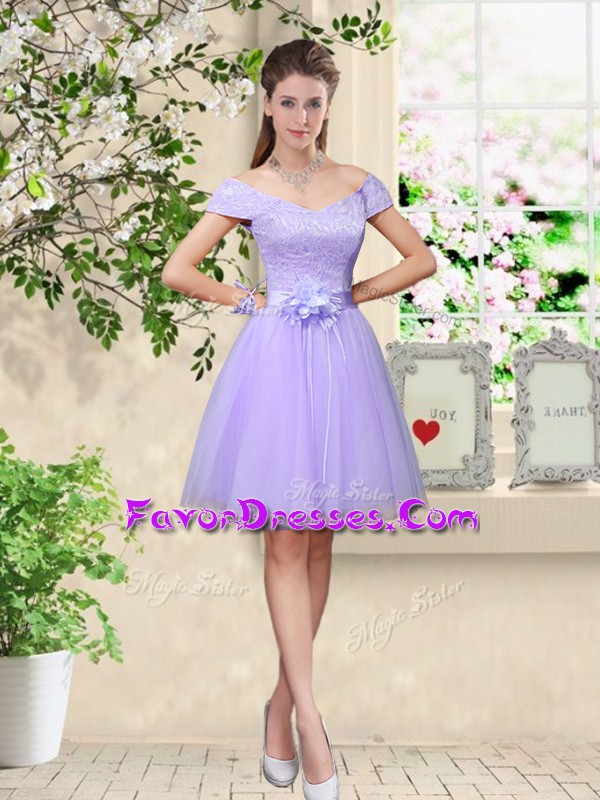  Cap Sleeves Lace Up Knee Length Lace and Belt Bridesmaids Dress