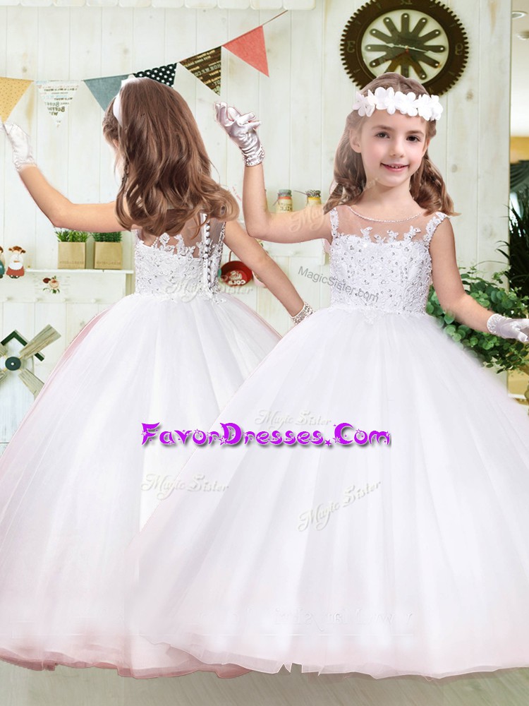 Custom Designed Tulle Sleeveless Floor Length Flower Girl Dress and Beading and Appliques