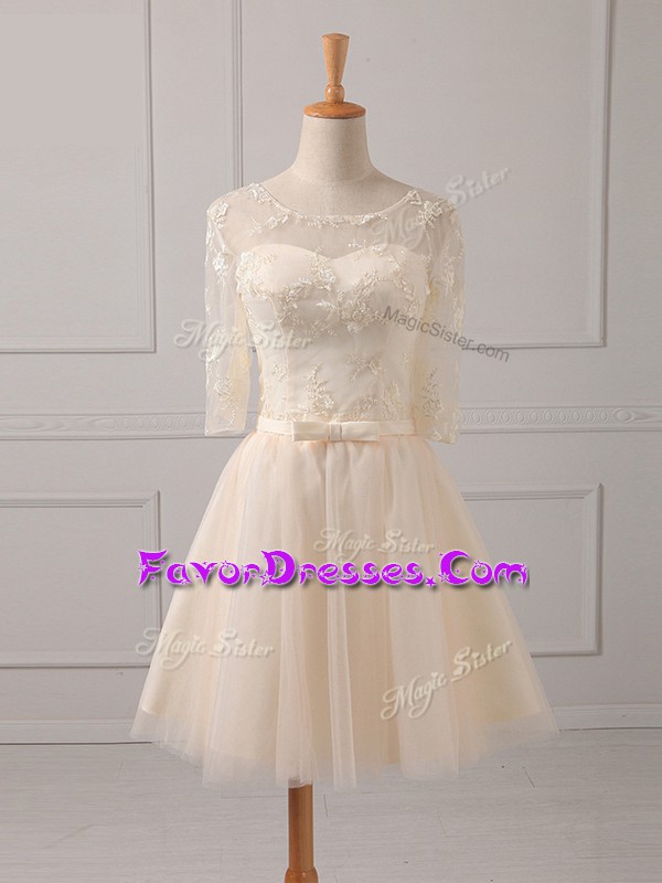  Mini Length Champagne Quinceanera Court of Honor Dress Tulle Half Sleeves Lace and Belt