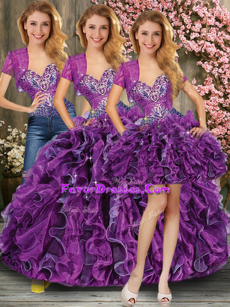  Organza Sweetheart Sleeveless Lace Up Beading and Ruffles Quince Ball Gowns in Black And Purple 