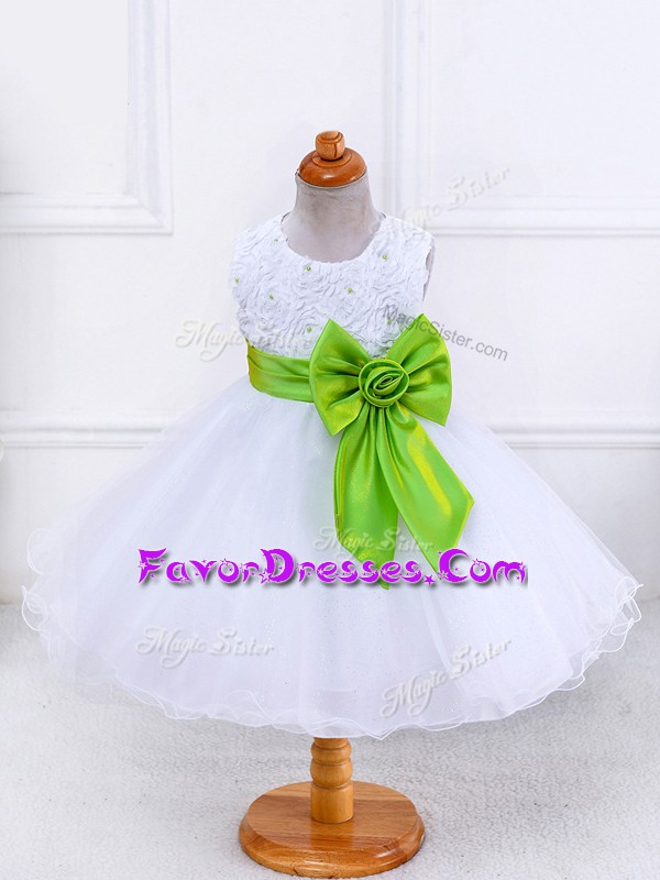  Scoop Sleeveless Child Pageant Dress Knee Length Bowknot White Organza