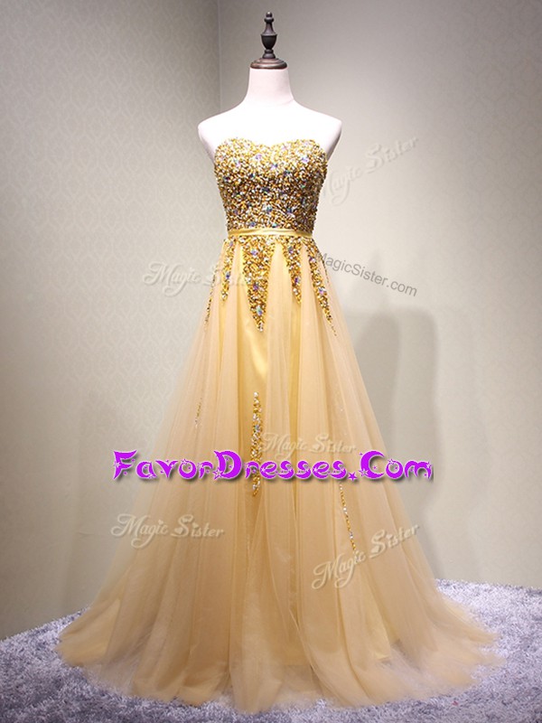 Exquisite Champagne Empire Beading Oscars Dresses Lace Up Tulle Sleeveless Floor Length