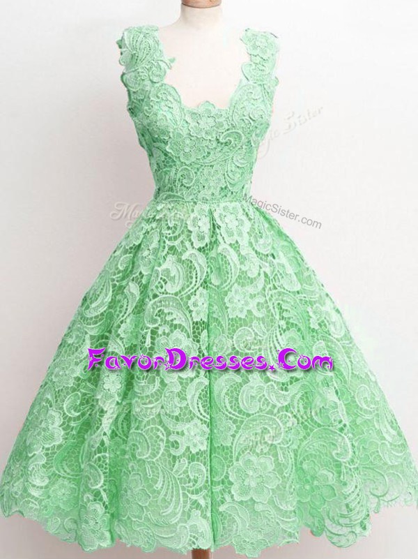 Affordable A-line Quinceanera Court of Honor Dress Green Straps Lace Sleeveless Knee Length Zipper