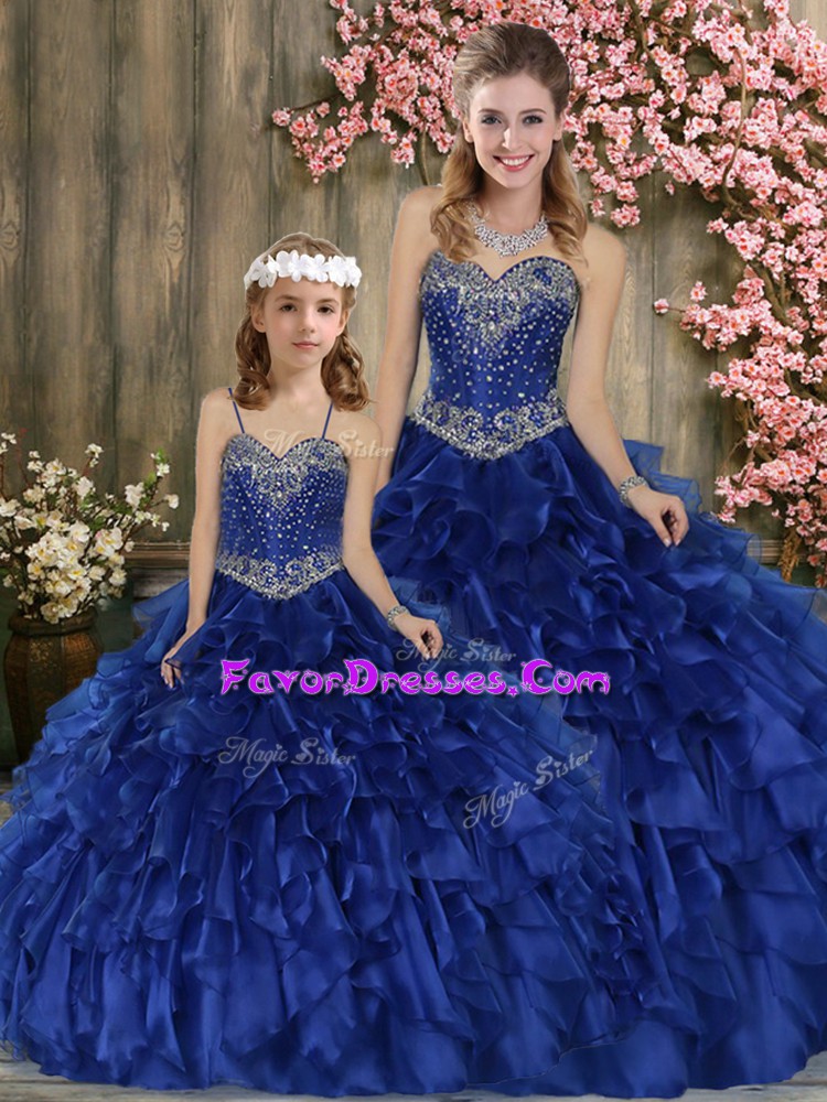  Blue Sleeveless Beading and Ruffles Floor Length 15 Quinceanera Dress