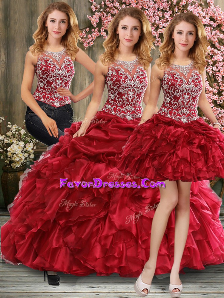 Wonderful Sleeveless Floor Length Beading and Ruffles Lace Up Quince Ball Gowns with Wine Red