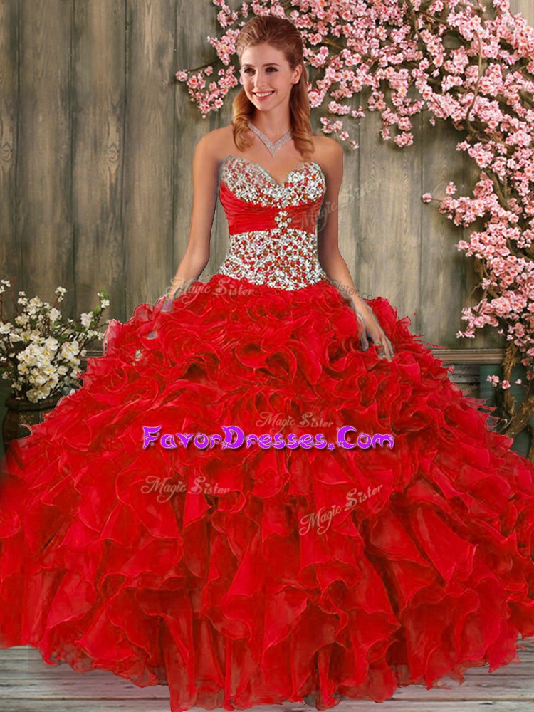 High End Red Sweetheart Neckline Beading and Ruffles Quinceanera Dresses Sleeveless Lace Up