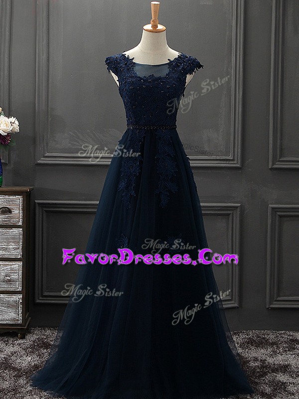 Beautiful Navy Blue Lace Up Oscars Dresses Appliques Sleeveless Floor Length