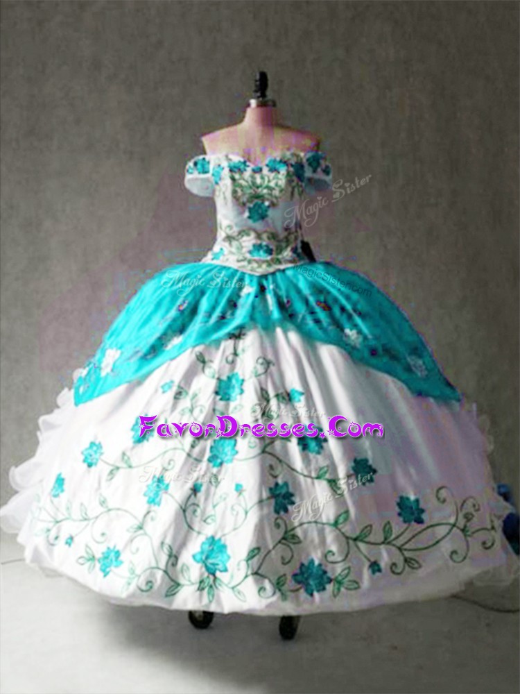 Excellent Multi-color Sweet 16 Dress Military Ball and Sweet 16 and Quinceanera with Embroidery and Ruffles Off The Shoulder Cap Sleeves Lace Up