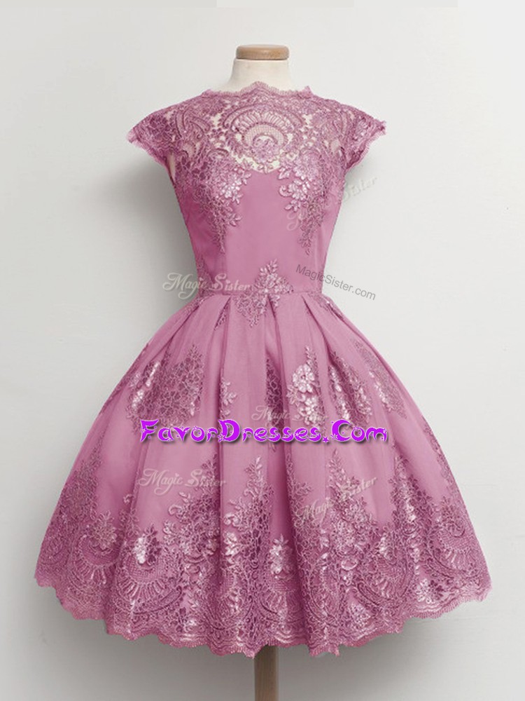 Noble Tulle Scalloped Cap Sleeves Lace Up Lace Wedding Guest Dresses in Lilac