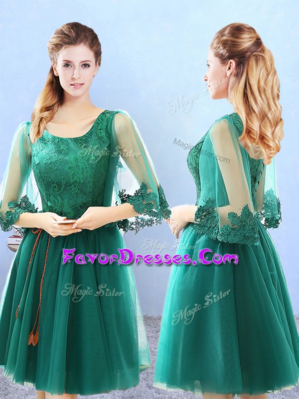  Green A-line Lace and Appliques Dama Dress Lace Up Tulle 3 4 Length Sleeve Knee Length