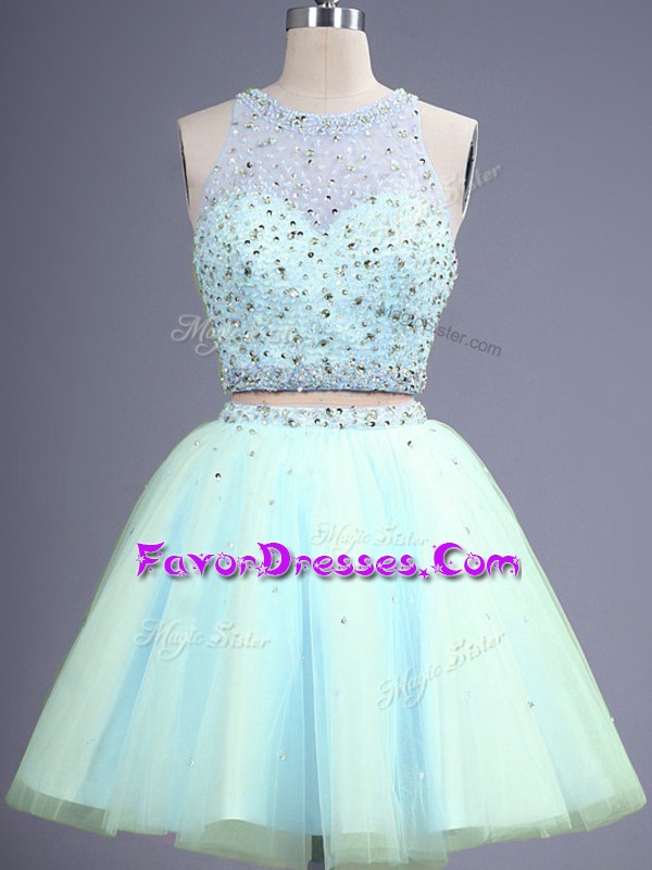  Light Blue Two Pieces Beading Quinceanera Court of Honor Dress Zipper Tulle Sleeveless Knee Length