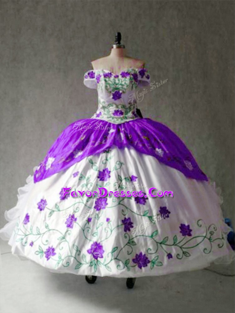 Elegant White And Purple Lace Up Off The Shoulder Embroidery and Ruffles Sweet 16 Dresses Organza and Taffeta Cap Sleeves