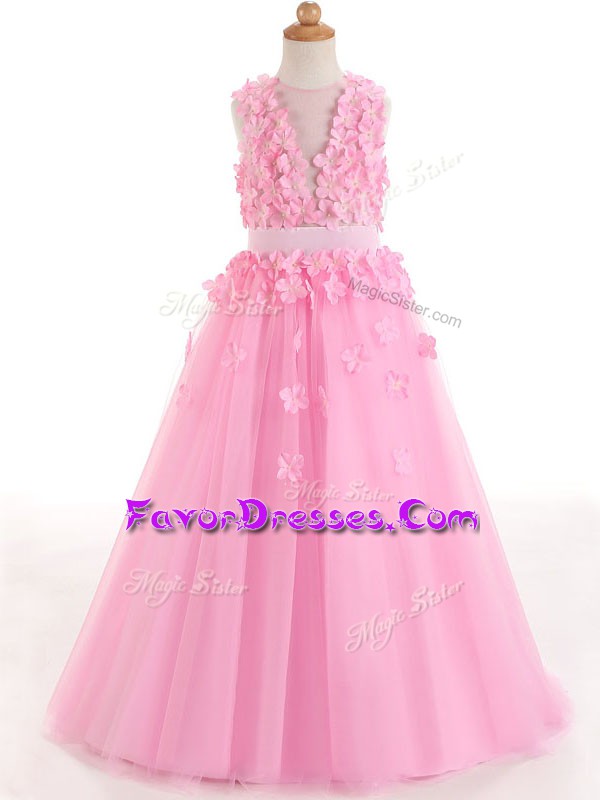 Stunning Rose Pink Sleeveless Tulle Zipper Little Girls Pageant Dress Wholesale for Wedding Party