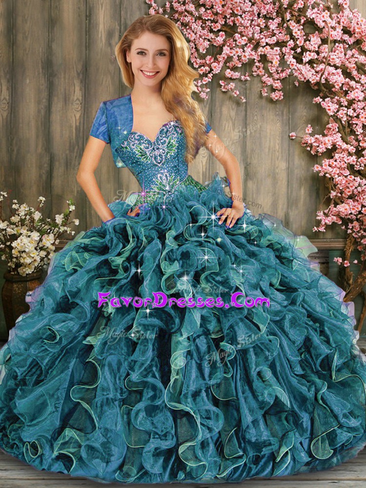 Best Multi-color Sleeveless Organza Lace Up Quince Ball Gowns for Military Ball and Sweet 16 and Quinceanera