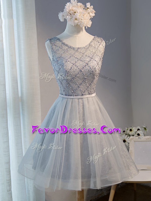  Grey A-line Scoop Sleeveless Tulle Mini Length Lace Up Beading Prom Homecoming Dress