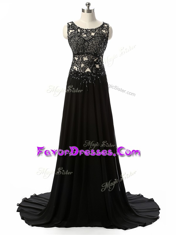  Black Side Zipper Scoop Beading and Lace and Appliques Formal Dresses Chiffon Sleeveless Brush Train