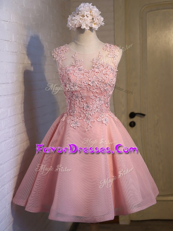 Perfect Organza Scoop Sleeveless Lace Up Lace Bridesmaid Dress in Pink 