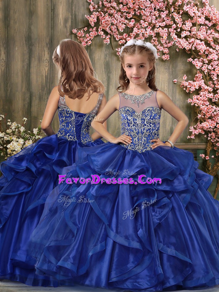 Dramatic Sleeveless Lace Up Floor Length Beading and Ruffles Pageant Gowns For Girls