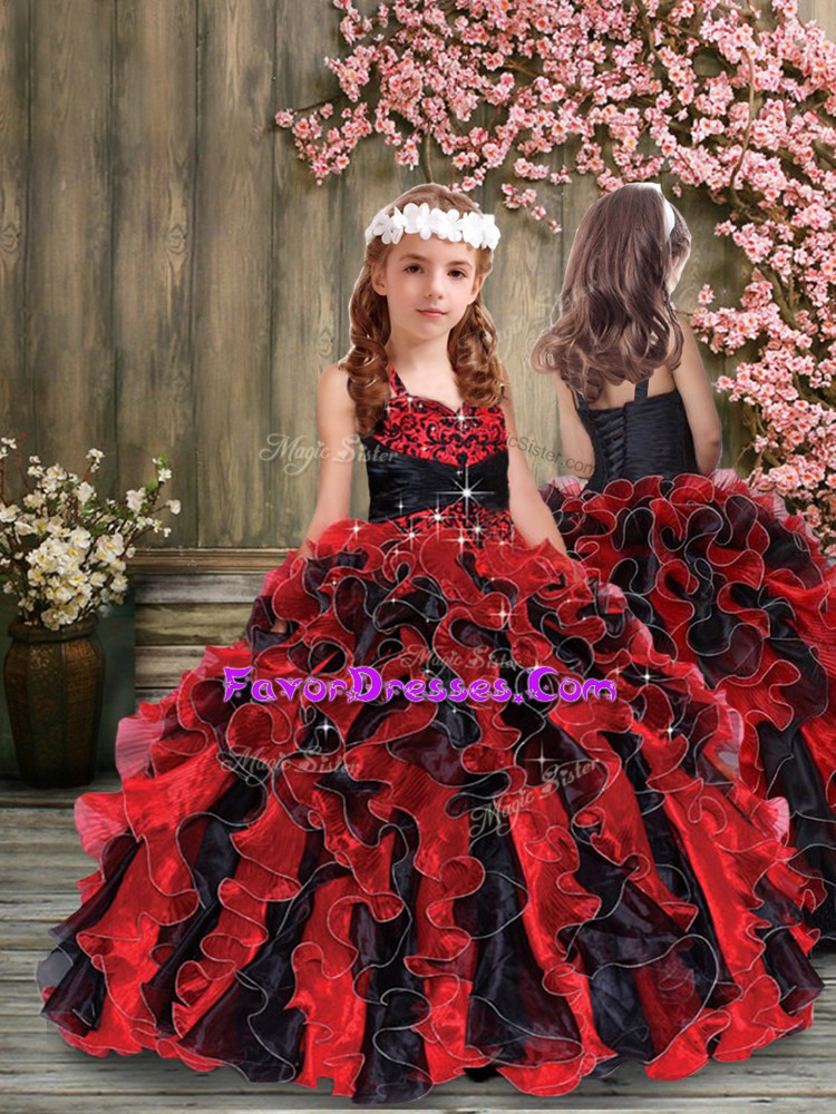 Custom Designed Red And Black Organza Lace Up Straps Sleeveless Floor Length Little Girls Pageant Dress Beading and Ruffles