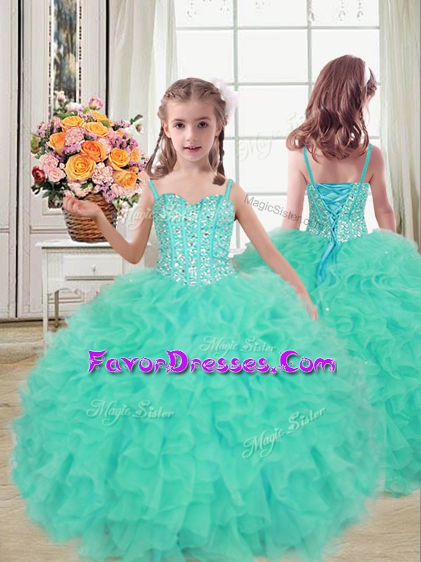 Adorable Floor Length Turquoise Little Girls Pageant Dress Straps Sleeveless Lace Up