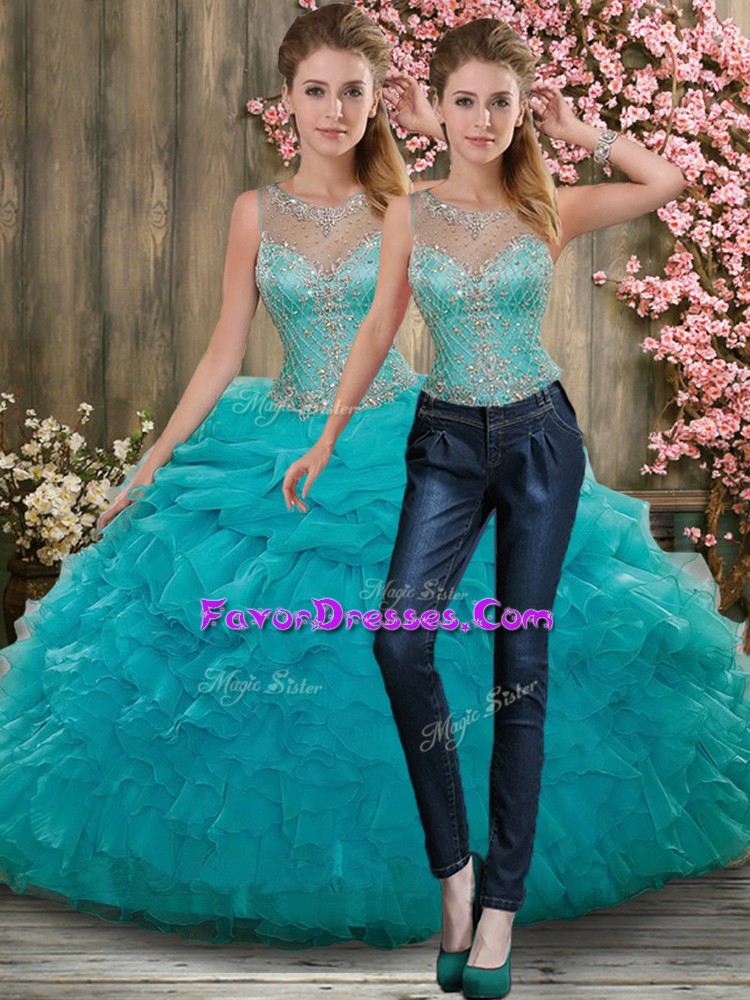 On Sale Sleeveless Organza Floor Length Zipper Quinceanera Dress in Aqua Blue with Beading and Ruffles