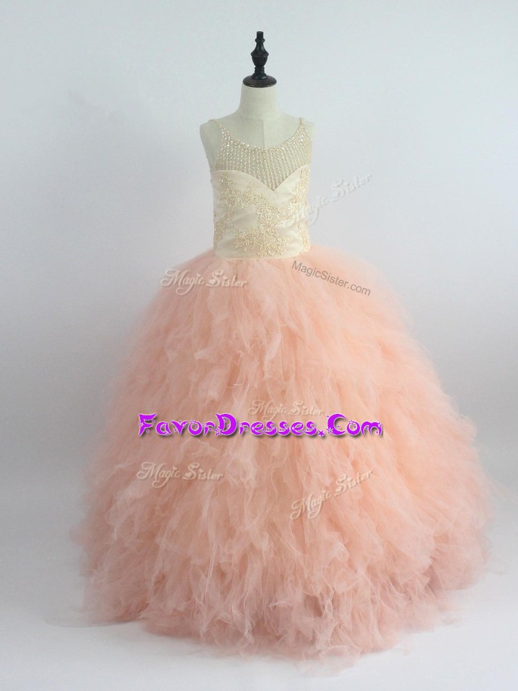  Peach Zipper Scoop Appliques and Ruffles Little Girls Pageant Gowns Tulle Sleeveless