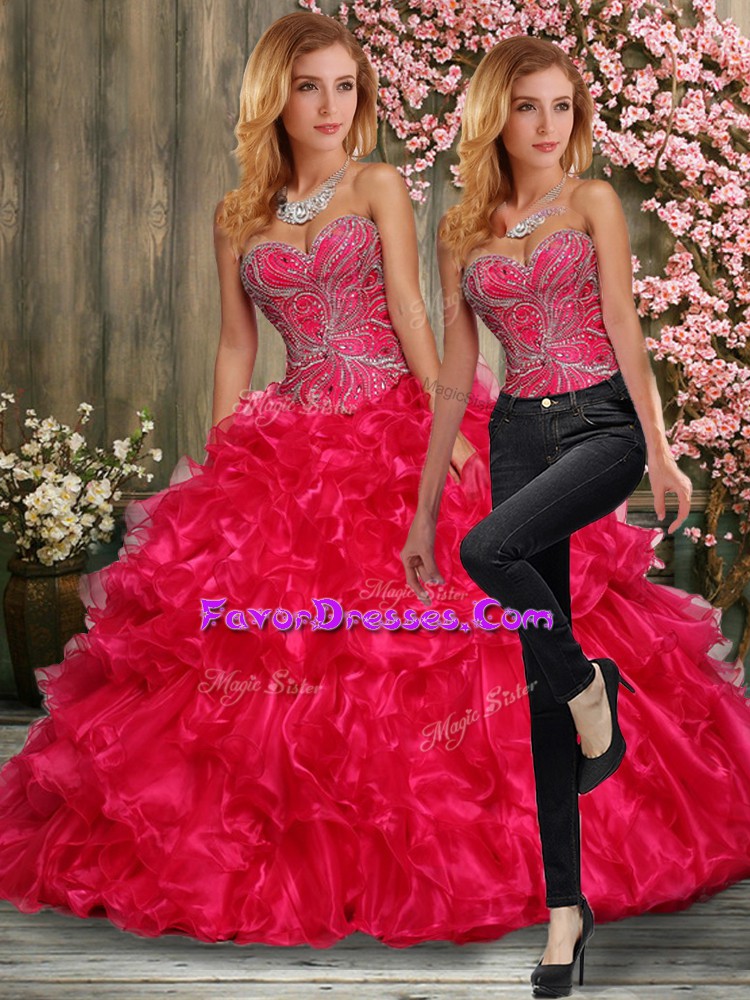 Custom Made Sweetheart Sleeveless 15th Birthday Dress Floor Length Beading and Ruffles Hot Pink Organza