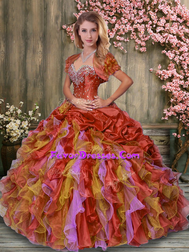Beauteous Multi-color Ball Gowns Beading and Ruffles and Pick Ups Quinceanera Gown Lace Up Organza and Taffeta Sleeveless Floor Length