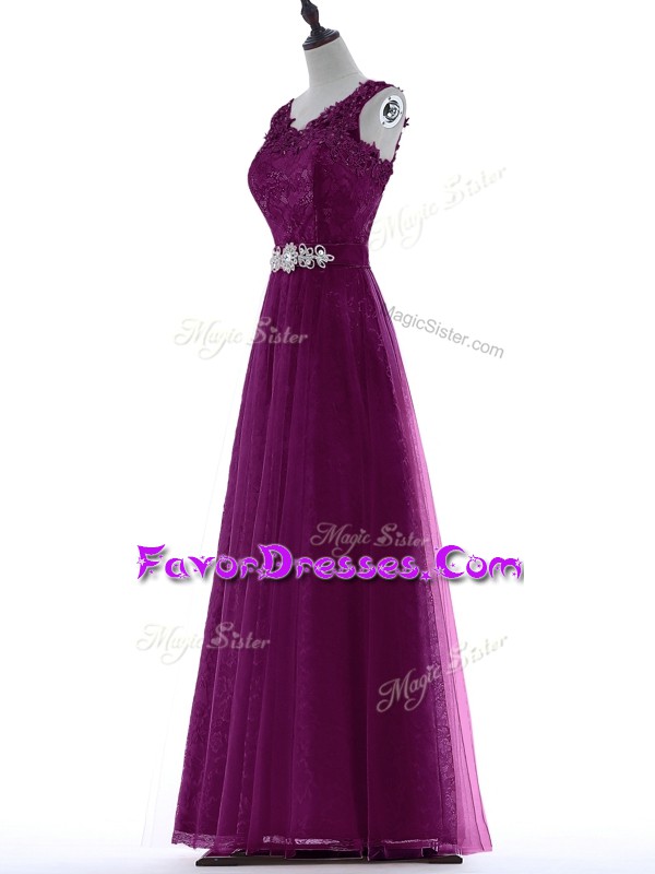  Sleeveless Floor Length Beading and Lace Zipper Oscars Dresses with Purple
