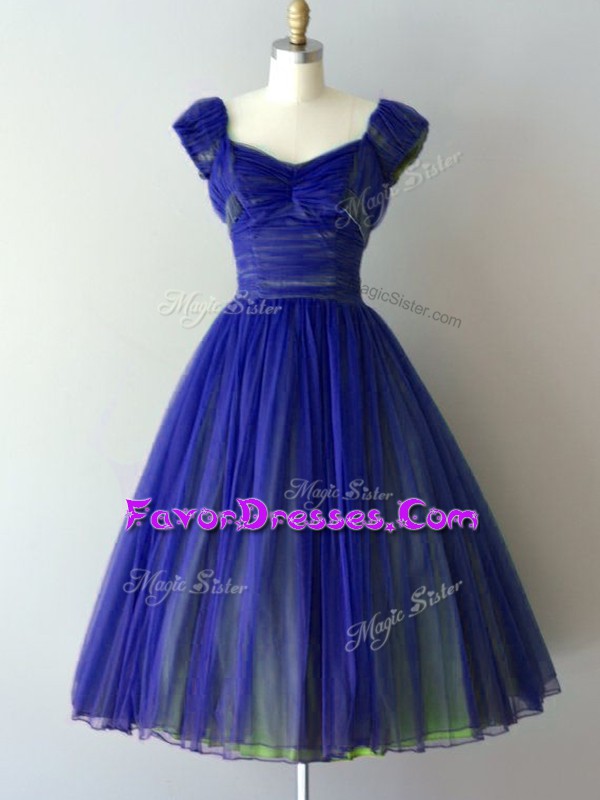 Flare Royal Blue Cap Sleeves Knee Length Ruching Lace Up Wedding Party Dress