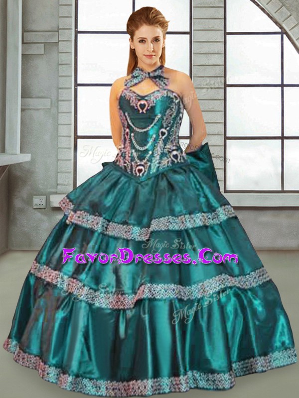  Sleeveless Taffeta Floor Length Lace Up Quinceanera Gowns in Turquoise with Beading and Ruffles