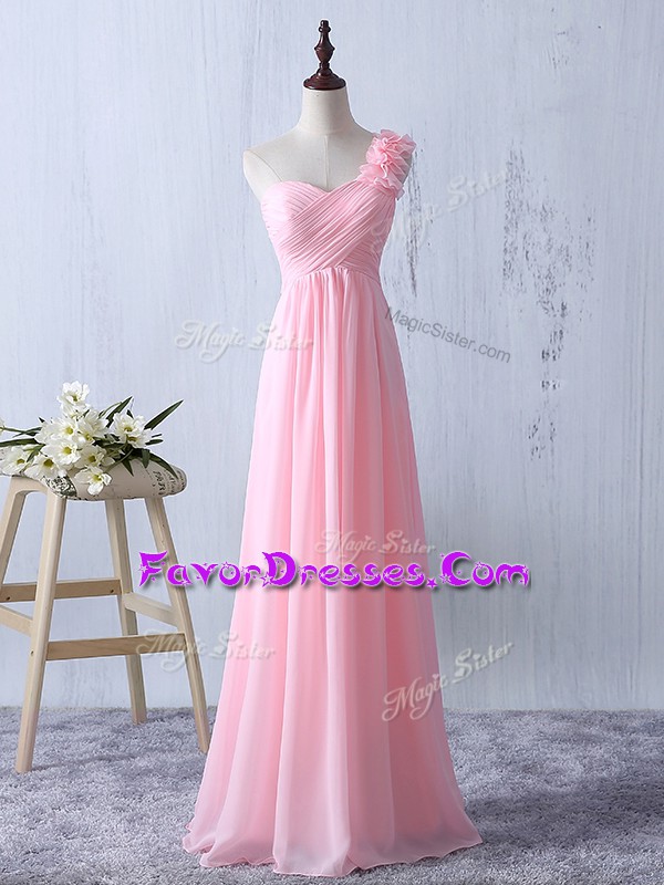  Baby Pink Empire Chiffon One Shoulder Sleeveless Ruffles and Ruching Floor Length Zipper Quinceanera Court of Honor Dress