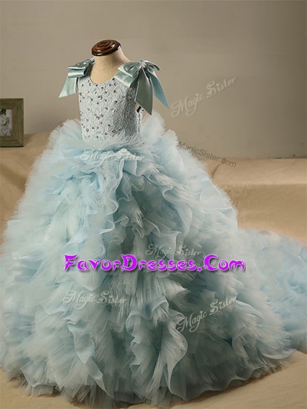 Beautiful Scoop Sleeveless Little Girl Pageant Gowns Brush Train Beading and Ruffles and Bowknot Light Blue Tulle