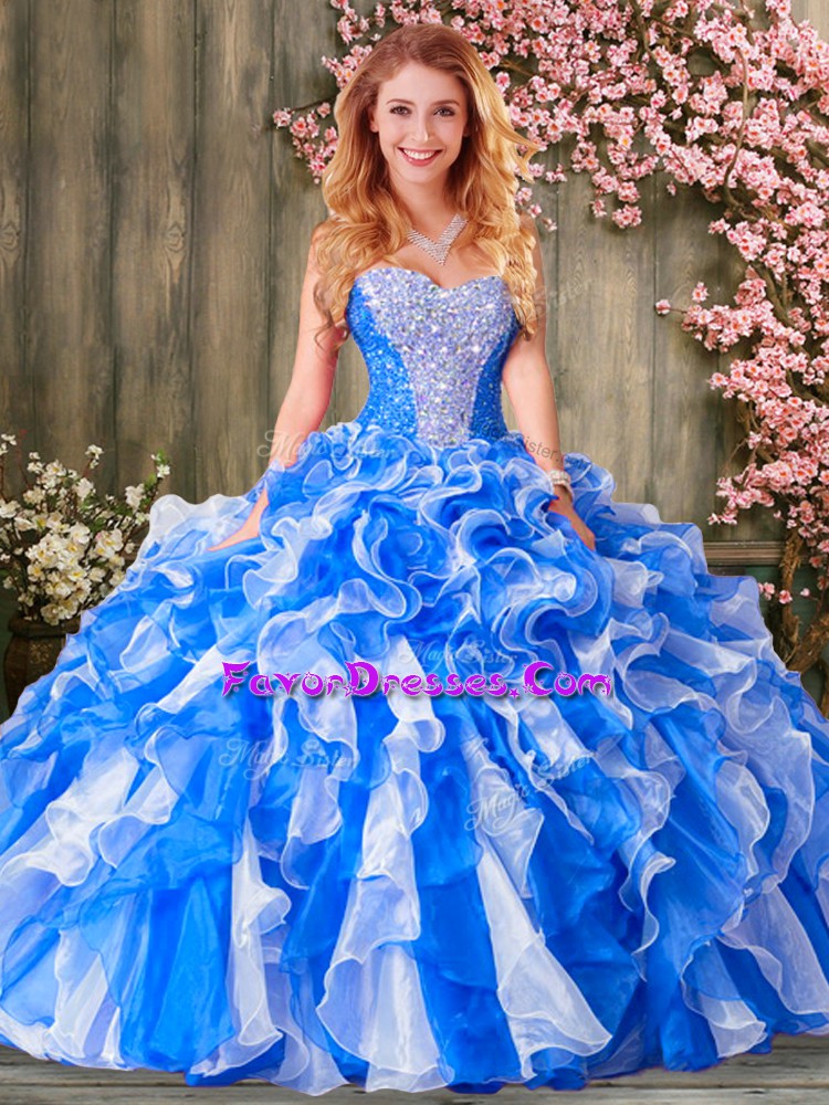 Flirting Beading and Ruffles Quince Ball Gowns Blue Lace Up Sleeveless Floor Length