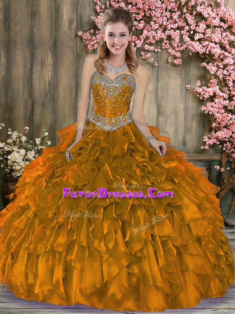 Enchanting Ball Gowns 15th Birthday Dress Gold Sweetheart Organza Sleeveless Floor Length Lace Up