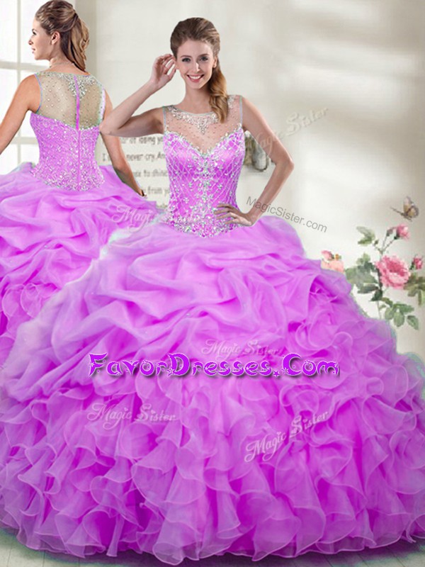 Inexpensive Floor Length Zipper Quince Ball Gowns Lilac for Military Ball and Sweet 16 and Quinceanera with Beading and Ruffles