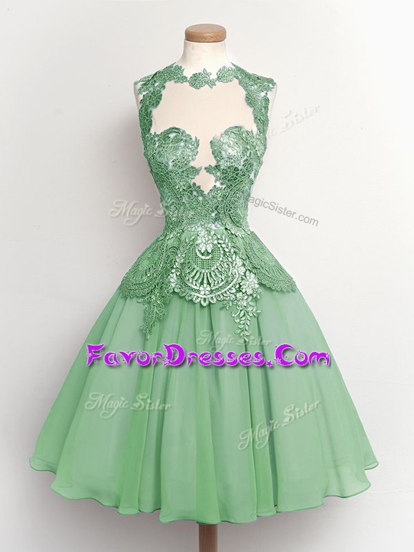 Excellent High-neck Sleeveless Lace Up Bridesmaids Dress Apple Green Chiffon