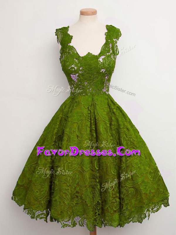  Lace Straps Sleeveless Lace Up Lace Dama Dress for Quinceanera in Olive Green
