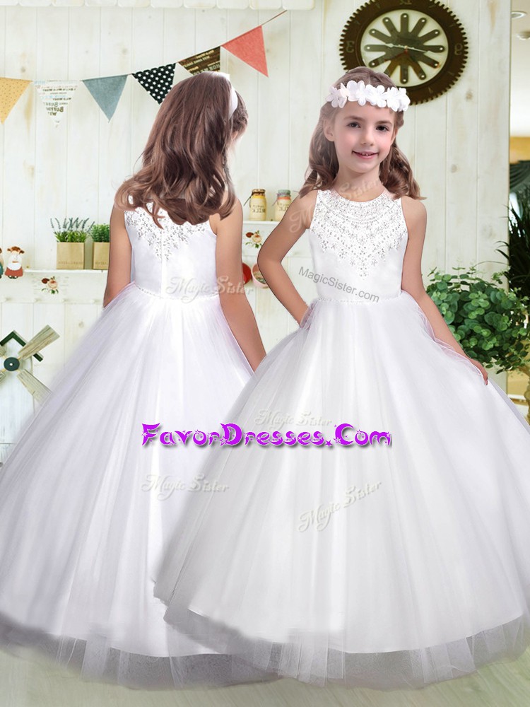  Floor Length White Toddler Flower Girl Dress Tulle Sleeveless Beading