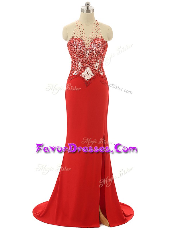 Stunning Sleeveless Chiffon Brush Train Backless Dress for Prom in Red with Beading